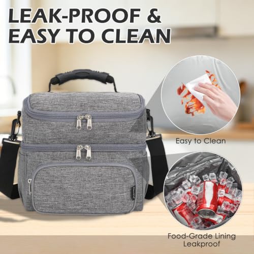 FlowFly Double Layer Cooler Insulated Lunch Bag Adult Lunch Box Large Tote Bag for Men, Women, With Adjustable Strap,Front Pocket and Dual Large Mesh Side Pockets - color: Gray