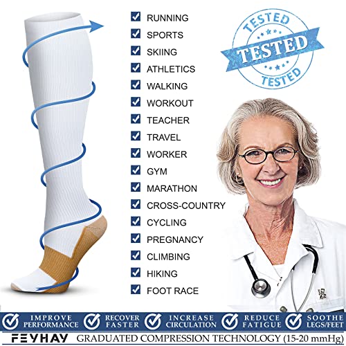 FEYHAY Copper Compression Socks (3 Pairs) 15-20 mmHg Circulation is Best Athletic & Daily for Men & Women, Running, Climbing - color: 04 White/White/White, size: Small-Medium