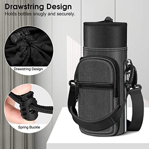 CaseBot Water Bottle Carrier Bag Sling Case, Sports Water Bottle Pouch Holder Sleeve with Adjustable Shoulder Hand Strap and 2 Pockets for Men Women Hiking Camping Travelling - color: Black