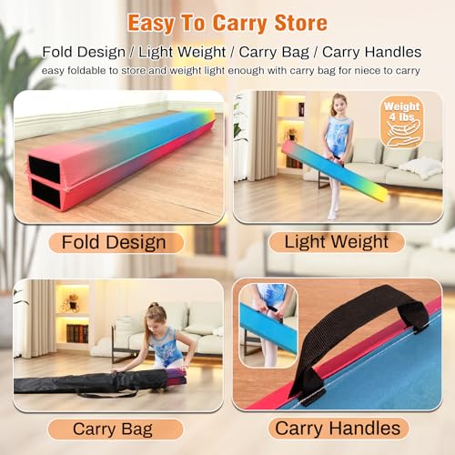 Marfula 6 FT / 8 FT / 9 FT Folding Gymnastics Beam Foam Balance Floor Beam - color: Gradual Rainbow, size: 9 Ft