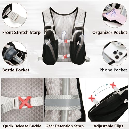 JEELAD Hydration Backpack Lightweight Vest for Hiking Trail Running Gear Cycling Marathon for Women Men - color: C - Black (7L) - with 1.5L PEVA Water Bladder