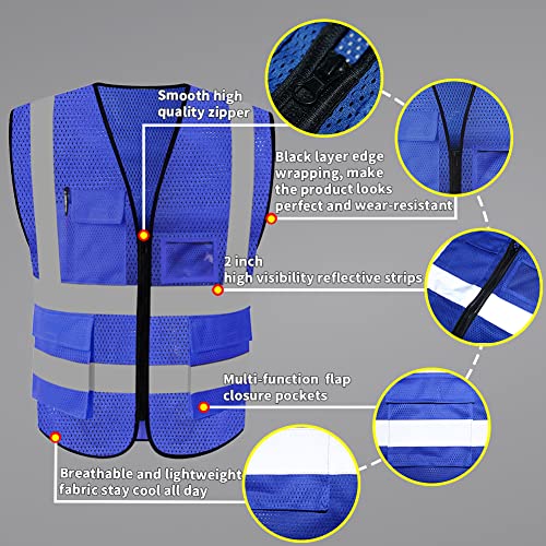 HYCOPROT High Visibility Mesh Safety Reflective Vest with Pockets and Zipper, Meets ANSI/ISEA Standards - color: Blue, size: Small