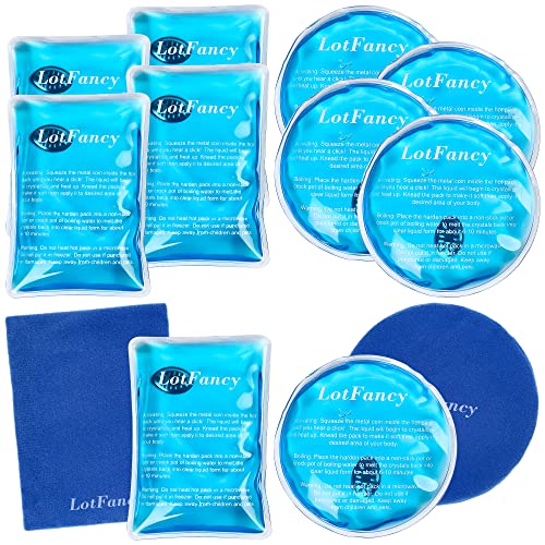 LotFancy Reusable Hand Warmer, 10 Click Activated Instant Heat Packs and 2 Wraps, Snap Hot Therapy Compress, Gel Heating Pad for Pain Relief, Outdoor & Portable Size - style: 5 Round + 5 Rectangle + 2 Wrap