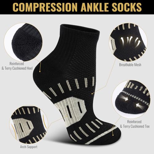 6 Pairs Copper Ankle Compression Socks for Men and Women - color: Black*6, size: Medium-Large