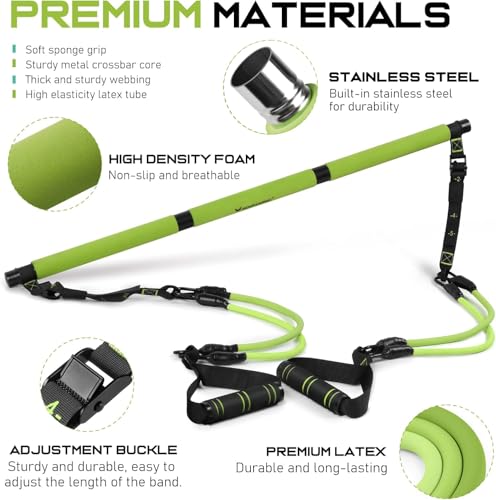 Pilates Bar Kit with Resistance Bands, Pilates Workout Equipment for Women - color: Green