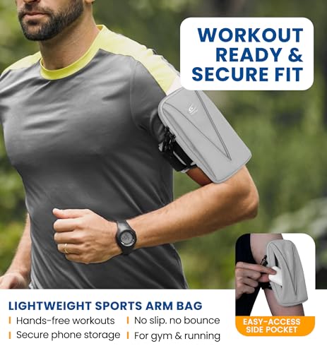 HiRui Cell Phone Holder Arm Bag & Wrist Bag for Phone, Sports Running Armband for Gym & Cycling, Compatible with iPhone 17/17Pro/Plus/16/15 Samsung Galaxy All Phones, Reflective & Adjustable (Gray) - color: Gray