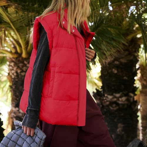 Songling Womens Oversized Puffer Vest Stand Collar Full Zip Sleeveless Bubble Puffer Vest Quilted Padded Warm Coat Outwear - color: Red, size: X-Large