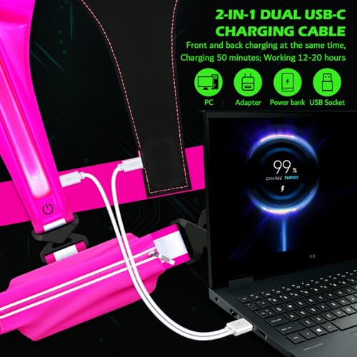 LED Reflective Vest Running Gear, USB Rechargeable Light Up Running Vest Chest Phone Holder for Runners Night Walking - color: Pink
