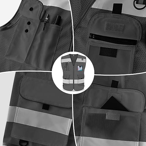 TCCFCCT Mesh High Visibility Vest 9 Pockets Safety Vest for Men, Grey S - color: Grey-bison 03, size: Small