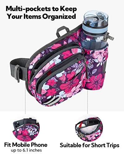 WATERFLY Fanny Pack Waist Bag: Waist Pack for Women Men with Water Bottle Holder Hiking Fanny Pack for Running Walking DogWalking Travel Cycling - color: Rose red flower