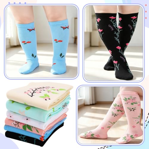 Jspupifip 6 Pairs Plus Size Compression Socks for Women, Wide Calf - color: Black White Pink Beige Blue Light Blue, size: 4X-Large