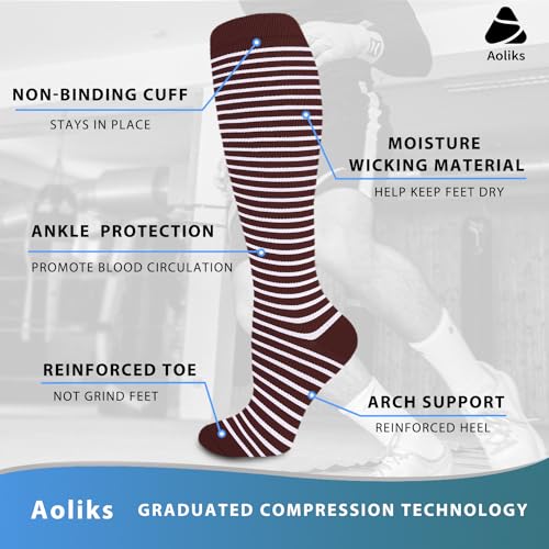 Aoliks 6 Pairs Compression Socks for Women & Nurses, Flying Knee High Socks - color: 020 A1-purple/Gray/Brown, size: Large-X-Large