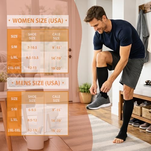 Compression Socks for Women&Men 20-30mmHg Graduated Knee High Stocking - color: 01-5 Pairs Open Toe Black, size: Large-X-Large