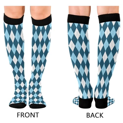 JUNZAN Buffalo Plaid Red Black Knee High Socks Compression Socks for Women Men Kid for Running Sports Nurse - color: Argyle Plaid Blue White