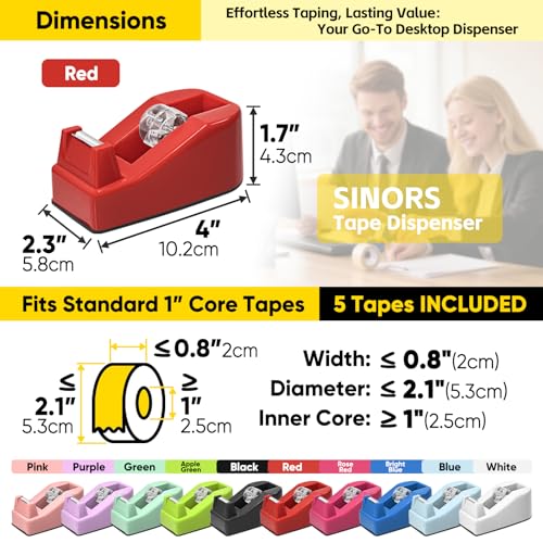 2-Pack Compact Desktop Tape Dispenser with 5 Rolls 3/4" Tape, Red - color: Red