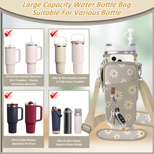 Water Bottle Carrier Bag for Stanley 40/30oz Cup Tumbler with Phone Pocket,Insulated Crossbody Water Bottle Holder with Adjustable Strap,Water Bottle Sling Pouch for Hiking Walking Camping Accessories - color: Khaki Daisy