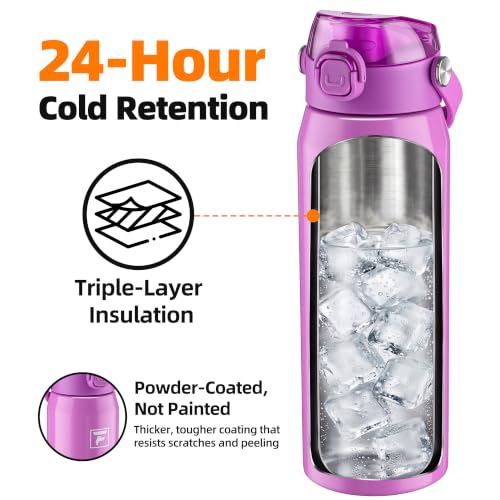 Fanhaw 24oz Stainless Steel Water Bottle with 2-in-1 Lid, Purple - color: Purple