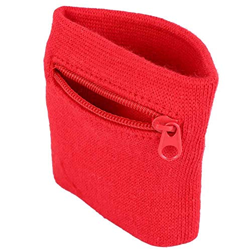 Zipper Wrist Pouch, Cotton Running Armband with Secure Pocket for Keys Cash Phone Fitness Tracker for Jogging Workout Sports (Red)