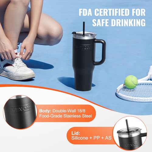 VEVOR 40 oz Insulated Water Bottle, Stainless Steel Sports Coffee Cup with Lid, Handheld Travel Coffee Mug Double Walled, Camping Hydration Flask Leakproof, for Indoor/Outdoor School, Work, Black