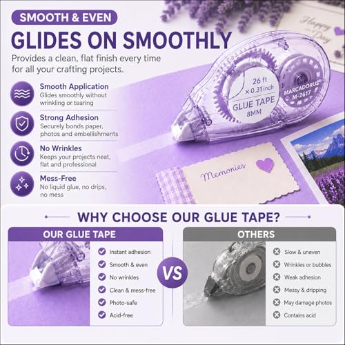 MARCADORUS Glue Tape for Scrapbooking, Double Sided Tape Roller 106Ft Total - size: 26 Ft x 0.31 In : 4 Pack