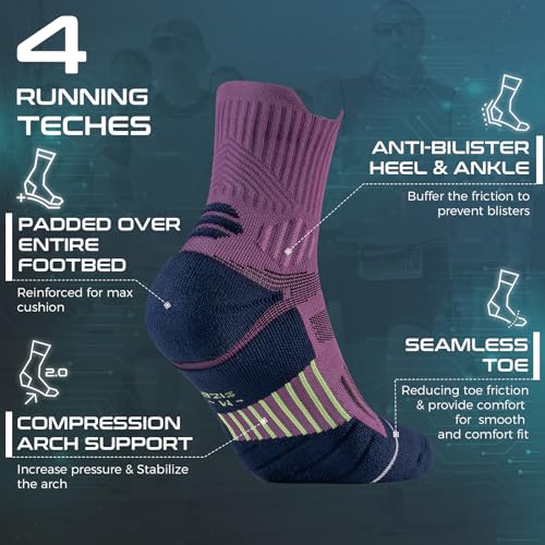 Rahhint CoolMax Quarter Compression Running Socks for Men Women, Wicking Cushion Athletic Hiking Socks 3 Pairs - color: Purple, size: 6-9