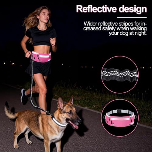 Hands Free Dog Leash with Partitioned Pouch Adjustable Waist Belt, Waist Leash for Dog Walking Running, Dual Handles,for Medium/Large Dogs - color: Pink