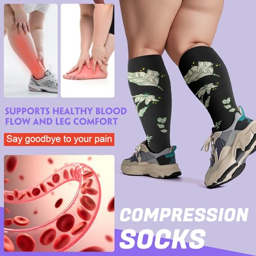 4 Pairs Plus Size Compression Socks,Extra Wide Calf 20-30 mmHg Knee High Compression Socks for Men Women Circulation - color: 05-brown Leaves, size: XX-Large