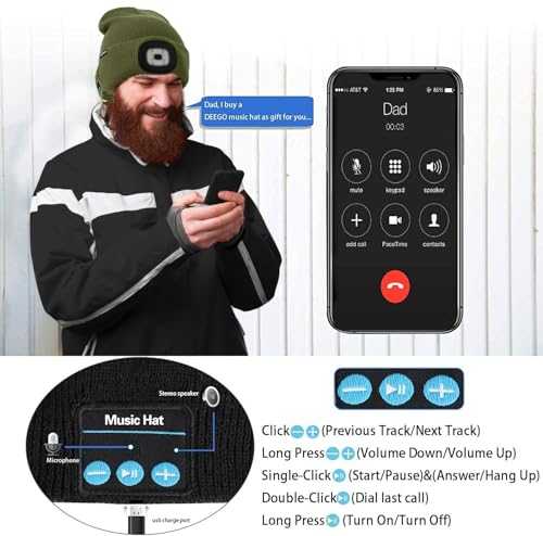 ATNKE LED Lighted Bluetooth Beanie Hat,USB Rechargeable 4 LED Wireless Music Running Headlamp Cap Gift for Men and Women - color: #Army Green