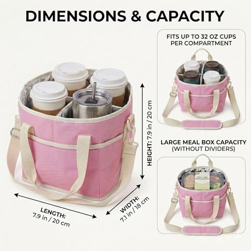 Drink Carrier Tote Bag, Family Size 4 Compartment Drink Carrier - color: Pink
