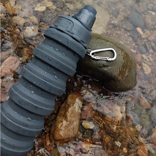 Collapsible Water Bottles Travel water bottle Sports Portable Sport Water Bottle Reusable Water Bottles comes with mountaineering Buckle 500ml silicone Water-proof camping water bottle - color: Purple+Grey, style: 2 pack