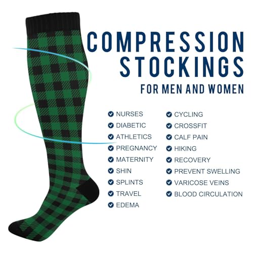 JUNZAN Buffalo Plaid Red Black Knee High Socks Compression Socks for Women Men Kid for Running Sports Nurse - color: Deep Green Buffalo Plaid