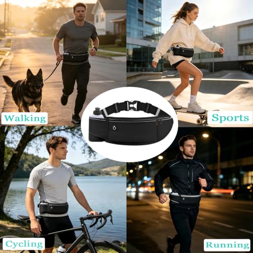 Running Belt with Water Bottle Holder, Large Fanny Pack for Men Women Girls Boys Kids Phone Carry Pouch,Flat Slim Waist Bag Fit Hydration Hiking Runner Walking Workout Gym Sport Travel - color: 01-Black