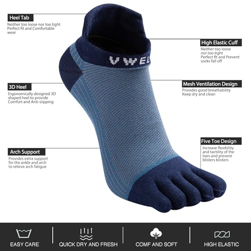 VWELL Cotton Toe Socks Five Finger Socks No Show Crew Athletic Running Socks 4 Pairs,Size 7-11 - color: Blue