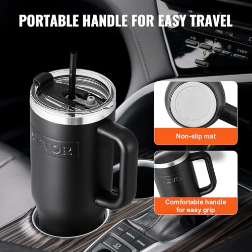VEVOR 40 oz Insulated Water Bottle, Stainless Steel Sports Coffee Cup with Lid, Handheld Travel Coffee Mug Double Walled, Camping Hydration Flask Leakproof, for Indoor/Outdoor School, Work, Black