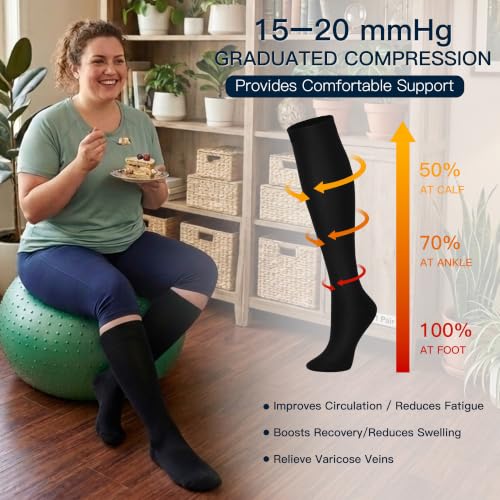 8 Pairs Wide Calf Compression Socks for Women Men 15-20 mmHg Knee High - color: Black, size: Large-X-Large