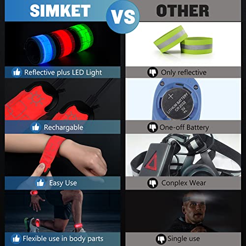 Simket Reflective LED Armband Rechargeable for Running(4 Pack), Running Lights for Runners, Running Lights, High Visibility Reflective Running Gear Adjustable Light Up Arm Bands for Men Women Kids