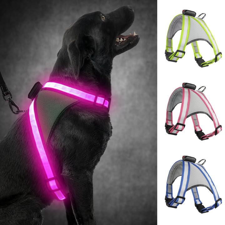 Visinite LED Dog Harness, USB Rechargeable Light Up Dog Vest, 2 Illuminate Modes Glow in The Dark Dog Harness, Adjustable Lighted Pet Harness Light for Night Walking Safety (Pink, M) - color: Pink, size: Medium