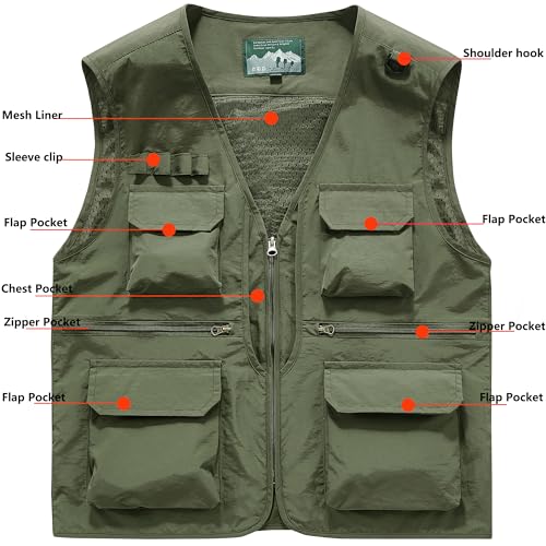 Men's Utility Fishing Cargo Vest Outdoor Lightweight Safari Travel Photo Vest Hiking Waistcoat With Multi Pockets - color: Military, size: Small