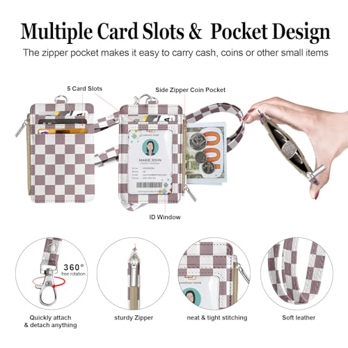 bolimoss Lanyard Wallet with Id Badge Holder, Small Keychain Wallet Wristlet, Pu Leather Zipper Credit Card Holder Neck Strap for Women School Teacher Student Nurse Office Worker - color: Dusty Rose Checkerboard