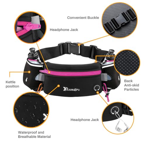 Number-one Running Belt with Water Bottles(2 x 175ML), Hydration Belt Waterproof Waist Pack Bag Fits iPhones Adjustable Sports Waist Pouch for Marathon Running Hiking Cycling, Rose Red