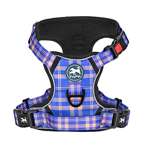 PoyPet Plaid Dog Harness Small, No Pull Vest with Front Clip & Neck Buckle - color: Checkered Blue & Orange, size: S