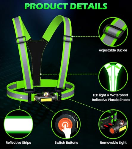Running Lights for Runners,90°Adjustable LED Reflective Vest Running Gear,Rechargeable Chest Light Up Running Vest Night Walking Safety Gear for Night Walking/Cycling/Jogging - color: Green