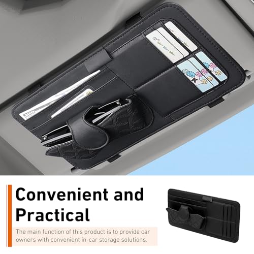 Car Sun Visor Organizer, Leather Strap-on Multi-Pocket Visor Storage Pouch for Sunglasses Card License Pen, Universal Car Interior Organizer Accessories (Black)