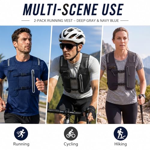 2 Pcs Running Vest for Women Men, Reflective Running Vest with Adjustable Waistband & Phone Pocket, Outdoor Pack Lightweight Breathable Backpack for Marathon Hiking - color: Dark Gray, Navy Blue