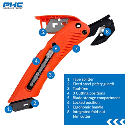 Pacific Handy Cutter S5L Safety Cutter, Left Handed Retractable Utility Knife, Ergonomic Film Cutter, Bladeless Tape Splitter, Steel Guard, Safety, Damage Protection, Warehouse & In-Store Cutting, Red