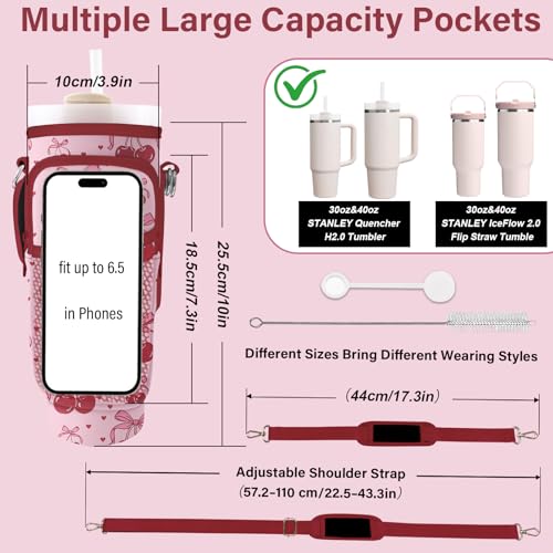 Water Bottle Carrier Bag for Stanley Cup 40/30oz, Neoprene Water Bottle Holder Pouch with 3 Pocket Adjustable Shoulder & Hand Strap - color: Pink Cherry Heart Bow