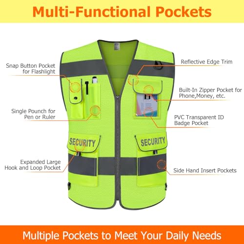 TCCFCCT Mesh Security Vest for Security Guard 9 Pockets High Vis, Yellow M - color: Yellow-bison 08, size: Medium