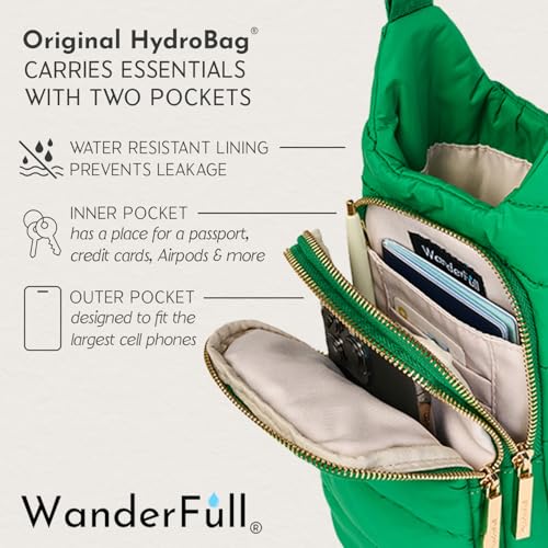 WanderFull® Original HydroBag®, Fits Up to 32 oz Water Bottle Holder with Strap, Gift for Women, Hands-Free Crossbody, Water Bottle Carrier Bag with Phone Pocket - color: Kelly Green Golf Embroidery