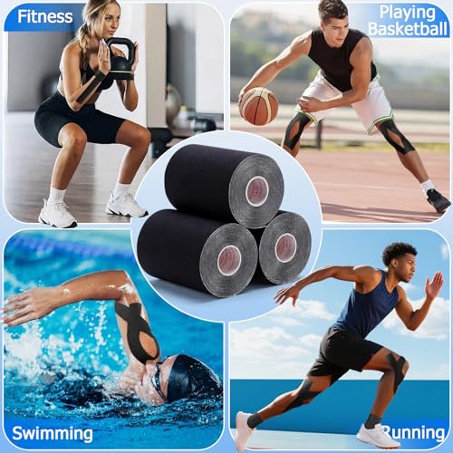 3 Pack Wide Kinesiology Tape, 4in x 5.5yd Athletic Tape, Black - color: Black - 4in