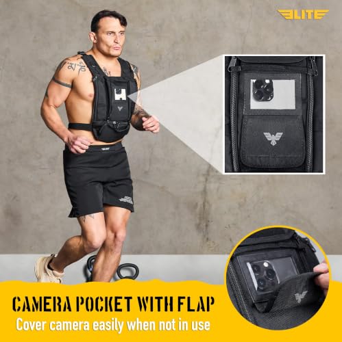 Elite Sports Running Vest w/Phone Holder, Gun Holster for Men/Women, Reflective Lightweight Chest Pack w/Touch Friendly Phone Sleeve, Camera Pocket - Chest Rig for Hiking, Trail, Marathon, Camping - size: Large